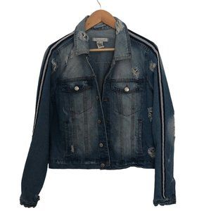 Crave Fame by Almost Famous size L Navy Ribbon Striped Denim Jean Jacket